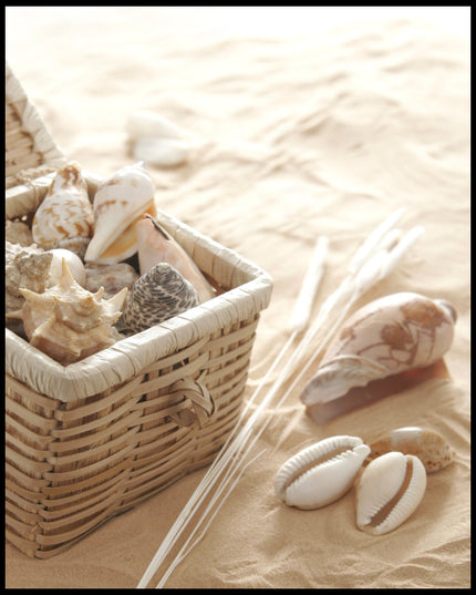 Ein Leinwandbild von einem geflochtenen Korb voller Muscheln am Strand.