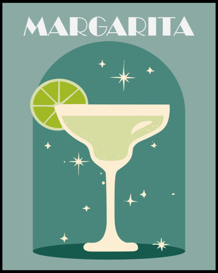 Ein Poster einer farbenfrohen Illustration eines Margarita Cocktails mit einem dekorativen Hintergrund.