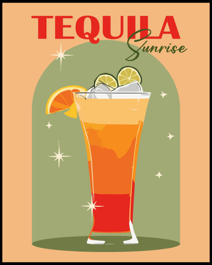 Ein Poster einer farbenfrohen Illustration eines Tequila Sunrise Cocktails mit einem dekorativen Hintergrund.