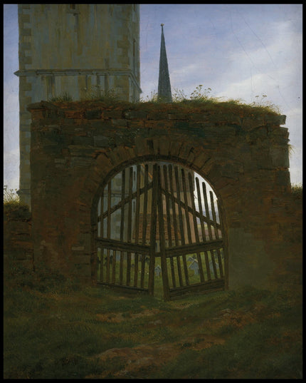 Ein Kunstdruck eines Friedhofstors vor einer steinernen Ruine mit Blick auf eine Kirche und einen Kirchturm