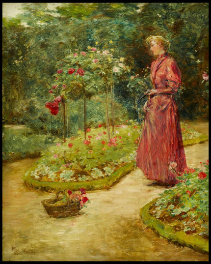 Woman Cutting Roses in a Garden