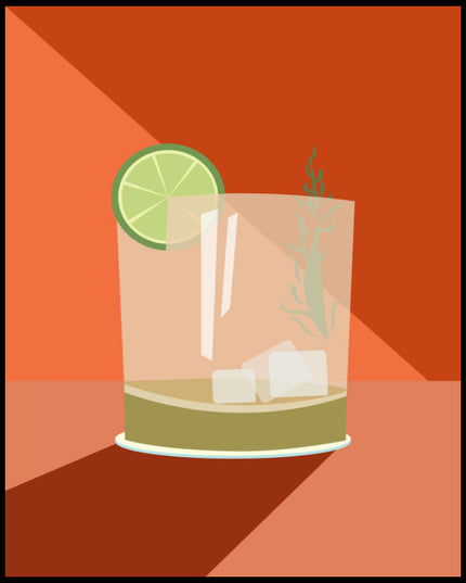 Ein Poster einer Illustration eines Gin Tonic Cocktails vor einem orangenem Hintergrund.