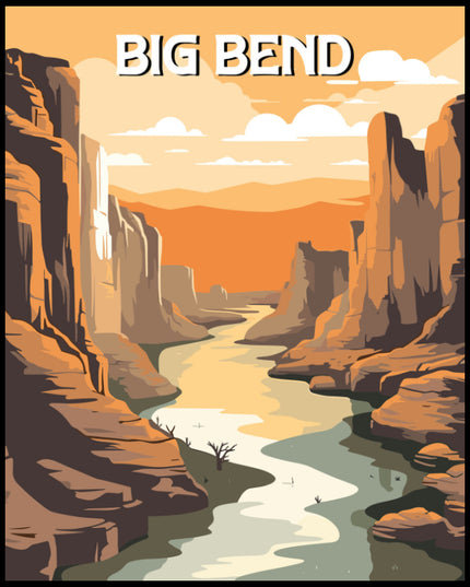 Ein Poster des Big Bend Nationalparks, das einen tiefen Canyon mit einem Fluss darstellt, der sich durch die trockene, orangefarbene Landschaft windet.