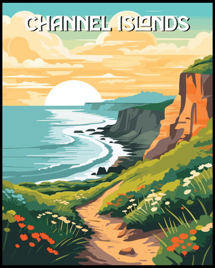 Ein Poster vom Channel Islands Nationalpark, das eine malerische Küstenlandschaft bei Sonnenuntergang zeigt.