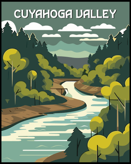 Ein Poster des Cuyahoga Valley Nationalparks, das einen Fluss zeigt, der sich durch eine grüne, bewaldete Landschaft schlängelt.