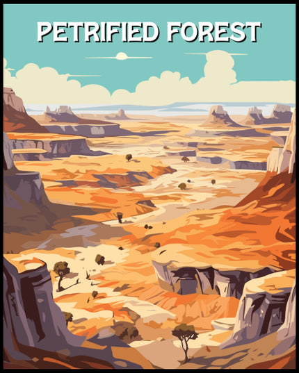 Ein Poster vom Petrified Forest Nationalpark, das eine weitläufige Wüstenlandschaft mit felsigen Formationen zeigt.