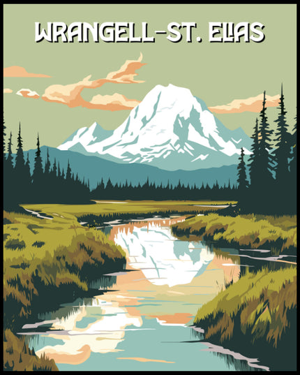 Ein Poster vom Wrangell-St. Elias Nationalpark mit schneebedeckten Bergen und einem ruhigen Fluss im Vordergrund.