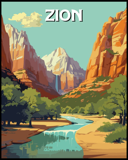 Ein Poster vom Zion Nationalpark mit hohen, roten Felsen und einem klaren Fluss, der durch das Tal fließt.