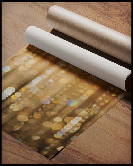 Ein Poster von goldenem Bokeh mit funkelnden Lichtreflexen, gerollt auf einer Holzoberfläche liegend