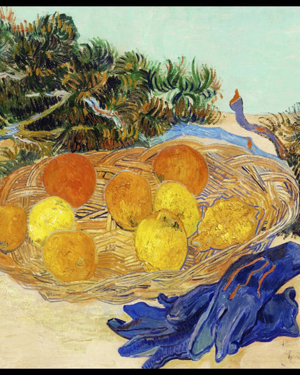 Still Life of Oranges and Lemons with Blue Gloves